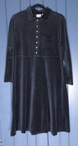 Vintage LL Bean Black Velour Midi Dress Size 10 Petite Button Top Chest Pocket - £23.35 GBP