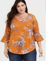 TORRID Mustard Yellow Floral Bell Sleeve Criss Cross Top Size 3 (22-24) - $18.00