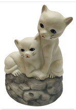 White Porcelain Cat Figurine Music Box Cat Pair Blue Eyes 5.5inch Turning - £15.98 GBP