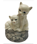 White Porcelain Cat Figurine Music Box Cat Pair Blue Eyes 5.5inch Turning - $20.00