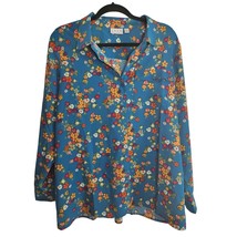 Joan Rivers Button Front Top L Womens Blue Multicolor Floral Long Sleeve Pocket - £18.02 GBP