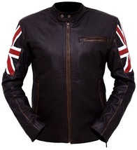Men&#39;s Biker Vintage Distress Brown UK Flag Leather Jacket - $109.99