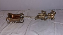 Mid Century Brass 4 Reindeer with Santa Sleigh Christmas Centerpiece Vin... - £31.89 GBP