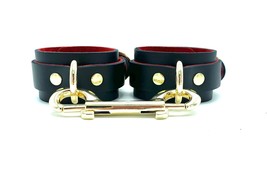 BDSM Black Leather Vesta Handcuffs with Red Suede Lining &amp; Gold Hardware  - £62.69 GBP