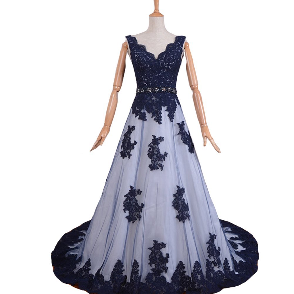 Kivary V Neck A Line White Corset Lace Beaded Long Formal Prom Evening Dresses D