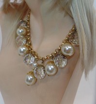 Unbranded Goldtone Rollo Chain W Bold Faux Pearls &amp; Clear Faceted Beading 16&quot; - £17.91 GBP