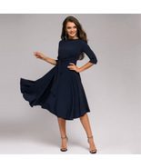 Classic navy blue midi-length swing dress with 3/4 sleeves - $65.99