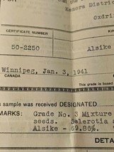 VTG 1941 Dept Agriculture Canada Control Sample Certificate Alsike Timot... - $27.87