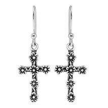 Pretty in Faith Floral Cross Sterling Silver Dangle Earrings - £16.13 GBP