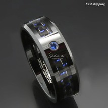 5x Black and blue Carbon Fiber Tungsten Ring Blue Mens jewelry Wedding Band   - £72.83 GBP