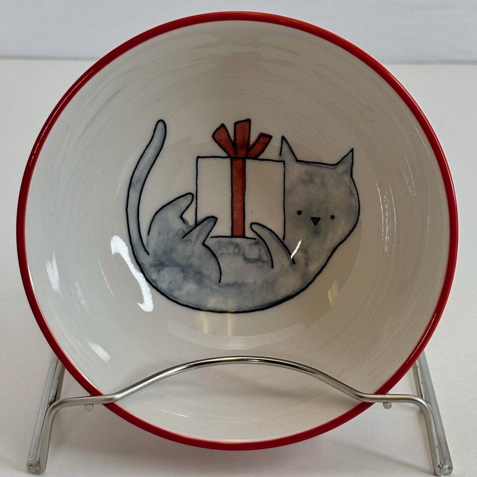 Christmas Cat Ceramic Dish Food Water Bowl Christmas Celebrations New - $15.79