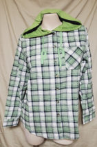 M- Shein White Green &amp; Navy Hooded Flannel Plaid L/S Shirt 42&quot; Chest - £13.18 GBP