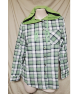 M- Shein White Green &amp; Navy Hooded Flannel Plaid L/S Shirt 42&quot; Chest - £13.41 GBP