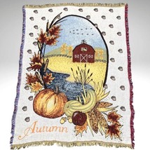 Country Barn Tapestry Throw Blanket Autumn Pumpkin Pond Farm Woven Fringed 54x72 - £27.10 GBP