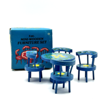 Dollhouse Furniture Vintage Alfred E Knobler  Wooden Round Chairs &amp; Table Blue - $18.90