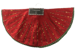 Tahari Table Top Mini Christmas Tree Skirt 24” Round Red Beaded Braid Wool - $48.88