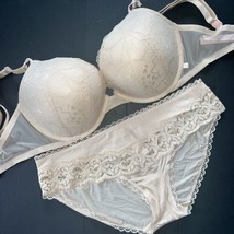Nwt Victoria&#39;s Secret 34DDD Bra Set L Panty Lace Cream Nude Beige Floral - £55.26 GBP