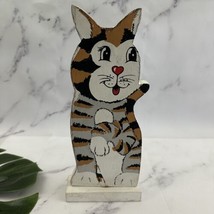 Vintage Painted Cat Wood Decor Figurine 80s 90s Shelf Sitter Kitten Cute Heart - £17.44 GBP