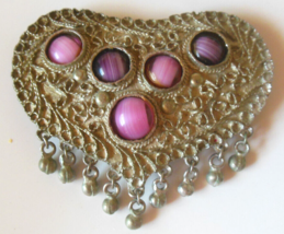 Vintage Heart-shaped Silvertone Belt Buckle Pink &amp; Purple Stones 3 1/4" ... - $25.99