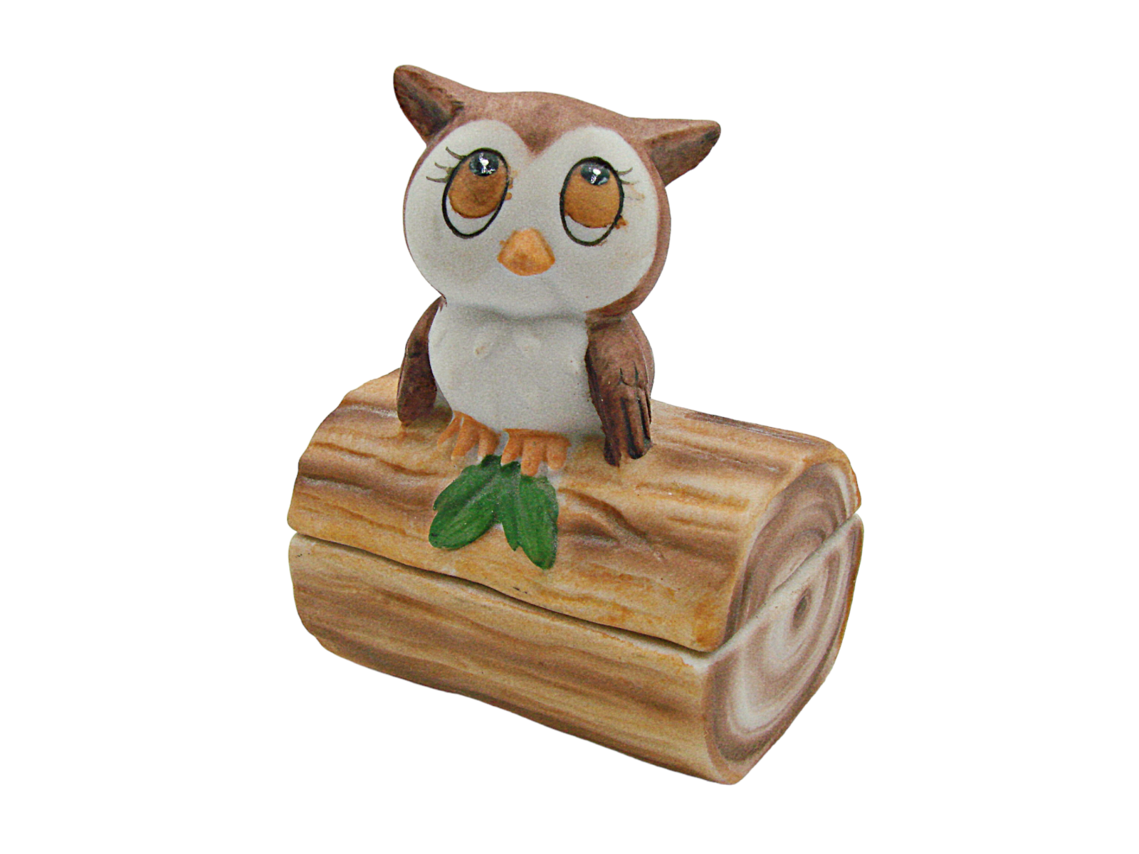Vintage Lefton Owl on a Branch Trinket Box Hand Painted Porcelain MCM 2.5x2x3" - £13.62 GBP