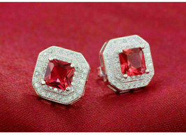 2Ct Asscher Cut Red Ruby Push Back Double Halo Stud Earrings 14K White Gold Over - £66.55 GBP