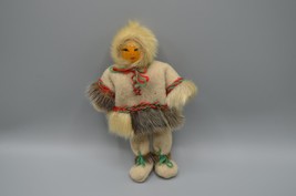 Inuit Eskimo Woman Doll Carved Wood Painted Face Fur Clothing Vintage Ca... - $48.37