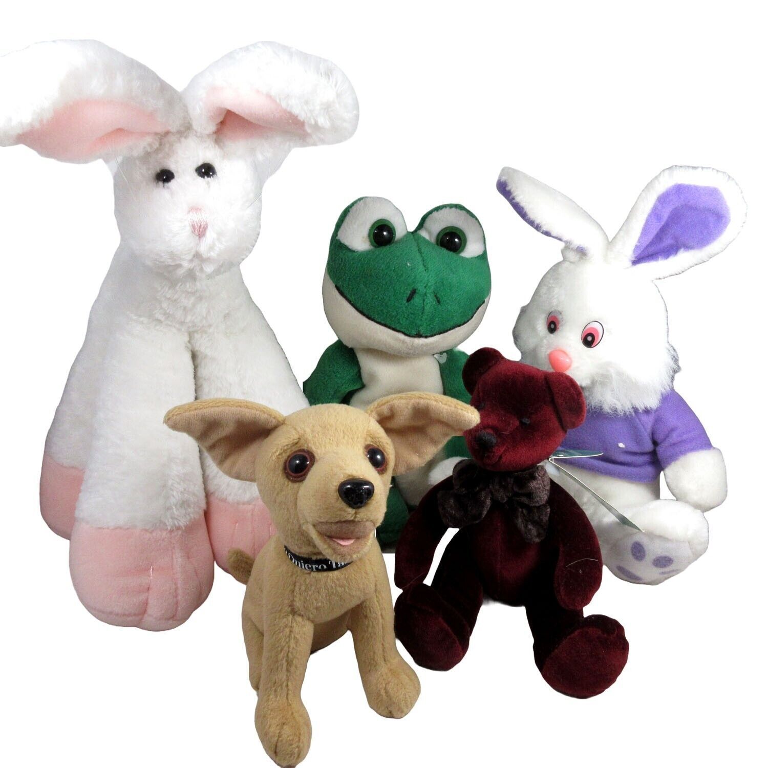 Primary image for Mixed Lot of 5 Stuffed Animals Frog Bunny Taco Bell Chihuahua Bear Plush Toy