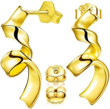 18K Gold Plated Ribbon Stud Earrings, 925 Silver Stud Earrings, Ladies Earrings - £15.45 GBP