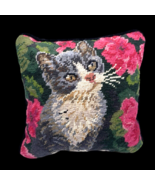 Cat Tapestry Needlepoint Pillow Gray Tiger Kitten Kitty Roses Floral Cot... - €63,26 EUR