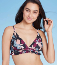 WOMEN&#39;S RUFFLE TRIM BIKINI Swimsuit TOP BLACK FLORAL Sz L - KONA SOL NWT - $9.99