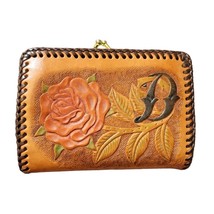 Vintage 70s Leather Wallet Tan Coin Purse Folded Money Credit Card Holder Roses - £35.20 GBP