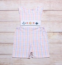 NEW Boutique Embroidered Fish Baby Boys Gingham Romper Shortalls Jumpsuit - £10.70 GBP