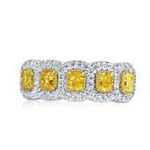 1.47 TCW 5 Stone Cushion Natural Fancy Intense Yellow Diamond Wedding Band 14k - £5,221.22 GBP