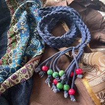 Woven textile macrame braid boho belt with wooden beads - £11.84 GBP