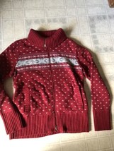 Eddie Bauer Medium Red Snowflake Cotton Nylon Wool Bl. Zip Cardigan Sweater 90&#39;s - $46.42