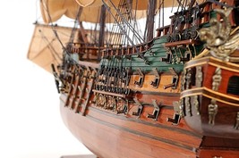 35" Wood Brown Solid Wood Hand Painted Model Boat Tabletop Sculpture - $1,256.49