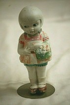 Old Vintage Bisque Porcelain Girl Doll w Basket &amp; Metal Stand Made In Japan - £31.55 GBP