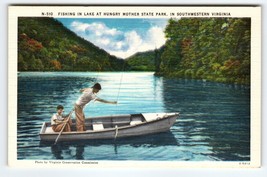 Fishing In Lake At Hungry State Park SW Virginia Postcard Linen Mid Century - $10.80