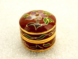 Round Miniature Snuff/Pill Box, Cloisonne Floral Artwork, Brown w/ Gold ... - £15.38 GBP