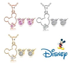 Girls Disney Mickey Mouse Ears Silver CZ Stud Earrings &amp; Necklace Set New USA - £9.55 GBP