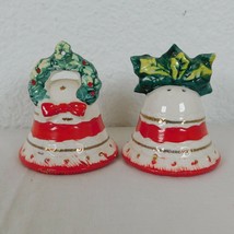 Christmas Bells Salt and Pepper Shaker Set Ceramic Red Green Holly Wreat... - £7.76 GBP