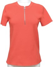 HELMUT LANG Sweater Orange Knit Top Henley Short Sleeve Silver Zipper Sz L - £71.52 GBP