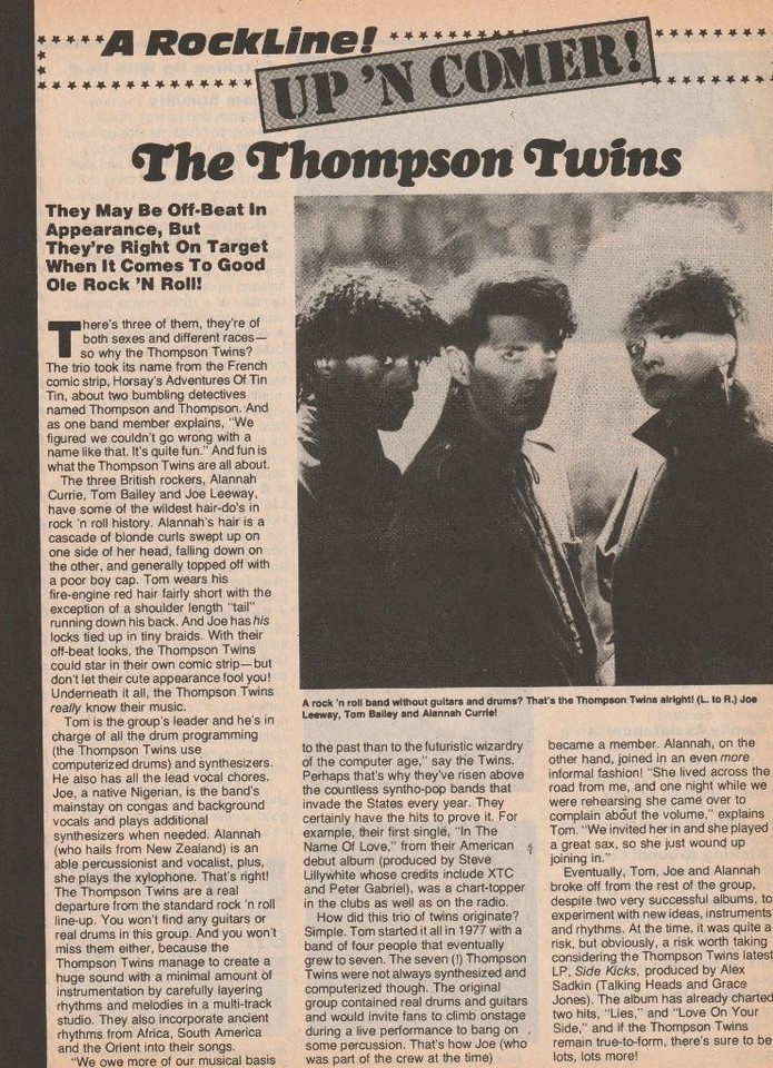 Thompson Twins teen magazine pinup clipping Bop pix Tiger Beat Up N Comer - $2.50