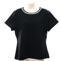 Adrienne Vittadini Womens Bead &amp; Rhinestone Shirt Top L Large Black Text... - £35.53 GBP