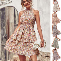 Summer Printed Halter Dress Fashion Boho Backless Ruffled A-Line Beach Dresses F - $19.79