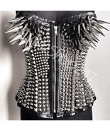 New Women Unique Rock Full Silver Long Spiked Studded Zip Black Leather ... - £314.64 GBP