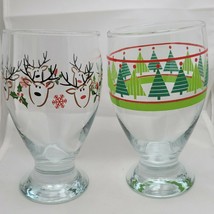 2 Christmas Drinking Water Juice Glass Rudolph Reindeer Tree Holly Dishware - £10.27 GBP