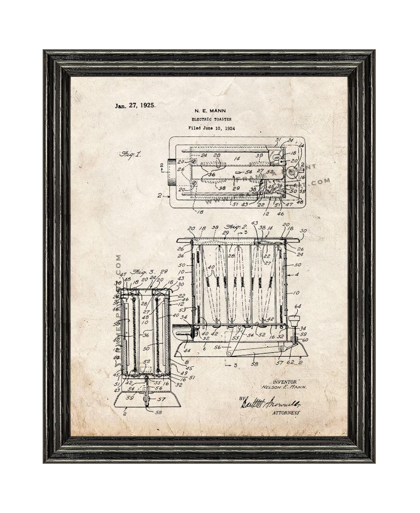 Electric Toaster Patent Print Old Look with Black Wood Frame