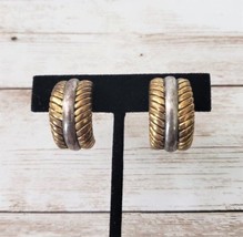 Vintage Clip On Earrings Chunky Hoops Pattern Gold Tone with Silver Tone Center - £9.71 GBP