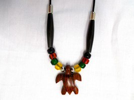 Exotic Rose Wood Sea Turtle Pendant Glass Rasta Color Accent Beads Adj Necklace - £16.07 GBP